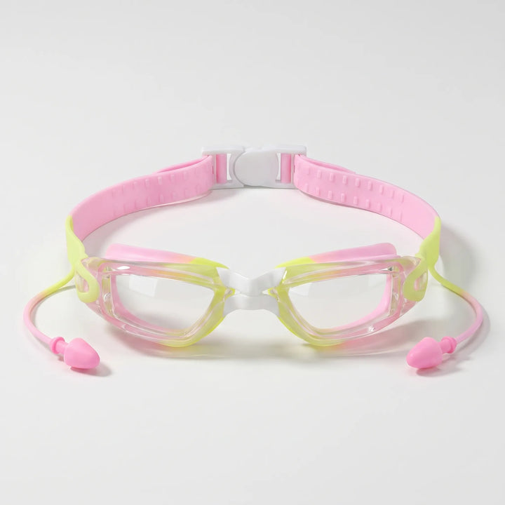 Kids' anti-fog swimming goggles with comfortable integrated earplugs, ideal for young swimmers.