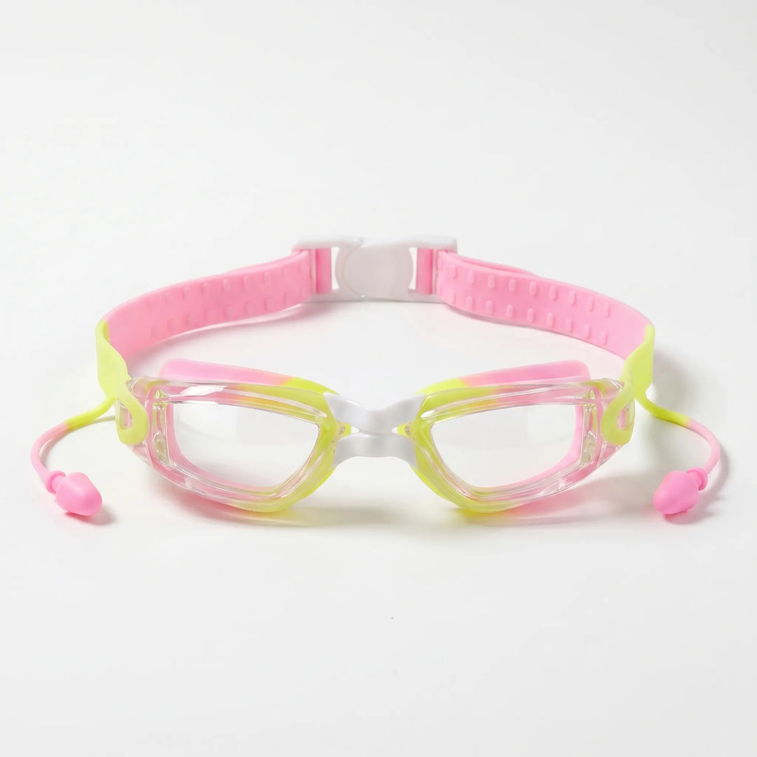 Pool accessory: Child's anti-fog swimming goggles featuring convenient integrated earplugs.
