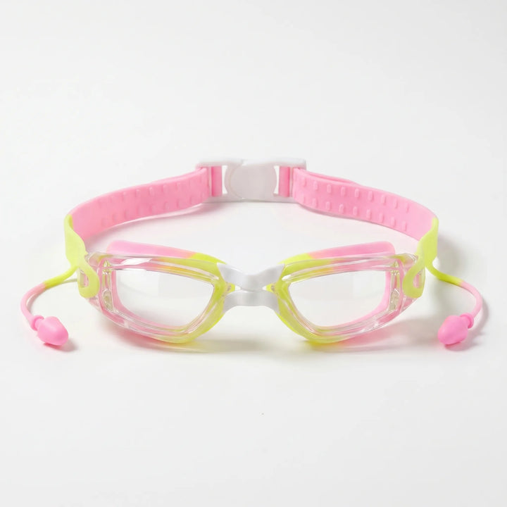 Pool accessory: Child's anti-fog swimming goggles featuring convenient integrated earplugs.