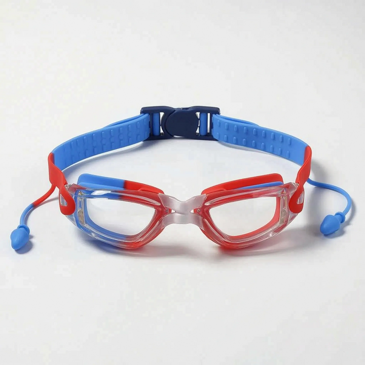 Essential swim gear for kids: Anti-fog goggles with integrated earplugs for safe child swimming.