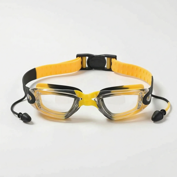 Clear view child swim goggles, anti-fog lens, and integrated earplugs for enjoyable water activities.