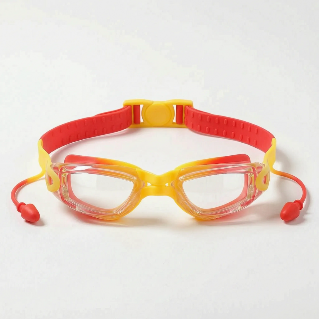Anti-fog children's swim goggles with integrated earplugs, perfect for pool fun and swim training.
