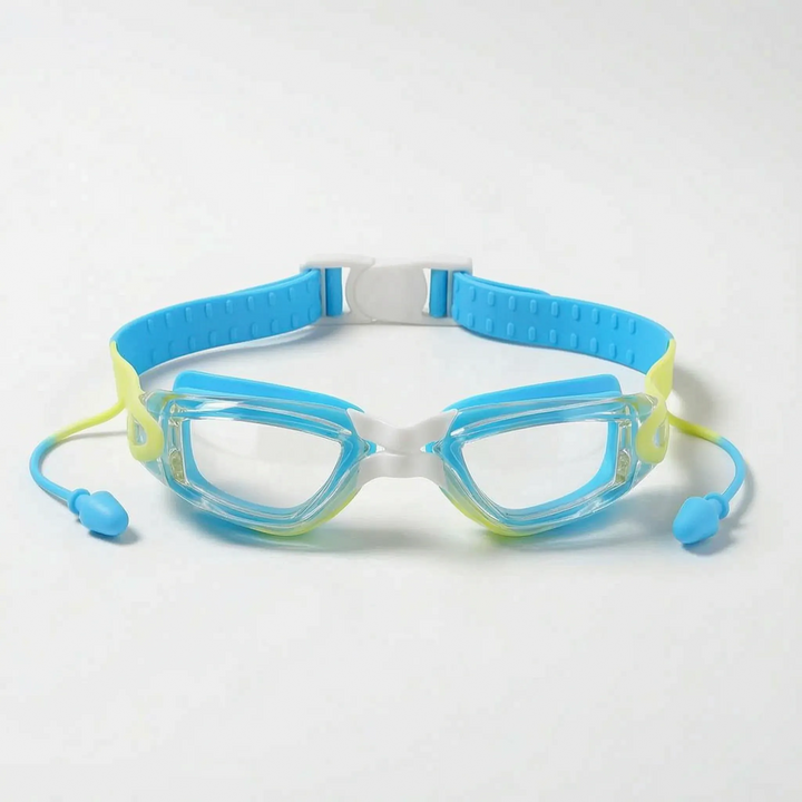 High-quality youth swimming eyewear, anti-fog & clear lens, with integrated earplugs for kids.