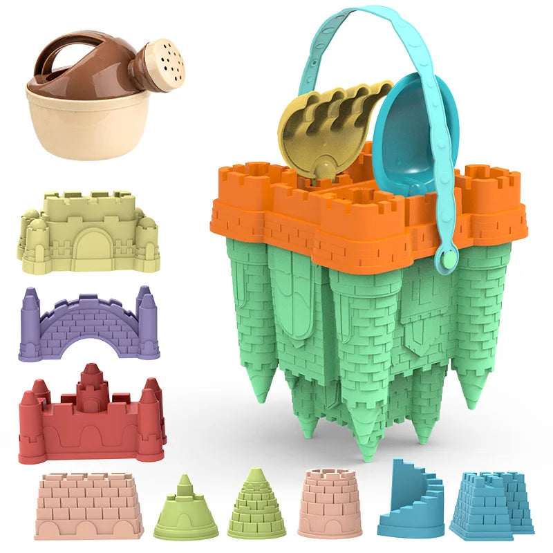 Children's beach sandcastle building playset with various sand molds for creative outdoor fun.