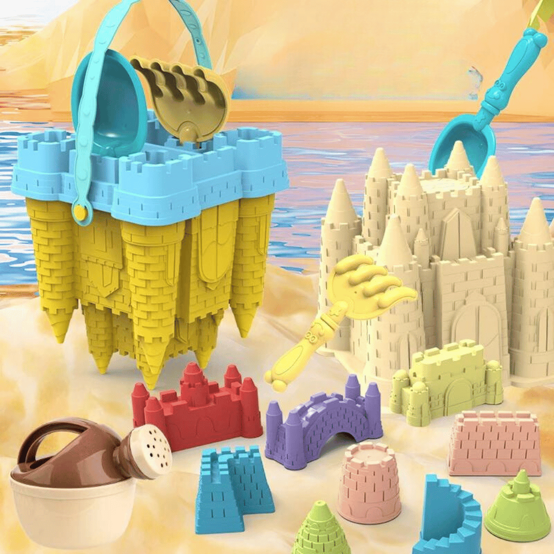 Kids' sandcastle playset with colorful tools & molds, perfect for summer beach building activity.