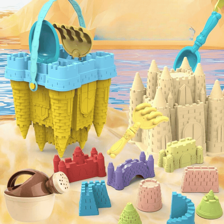 Kids' sandcastle playset with colorful tools & molds, perfect for summer beach building activity.