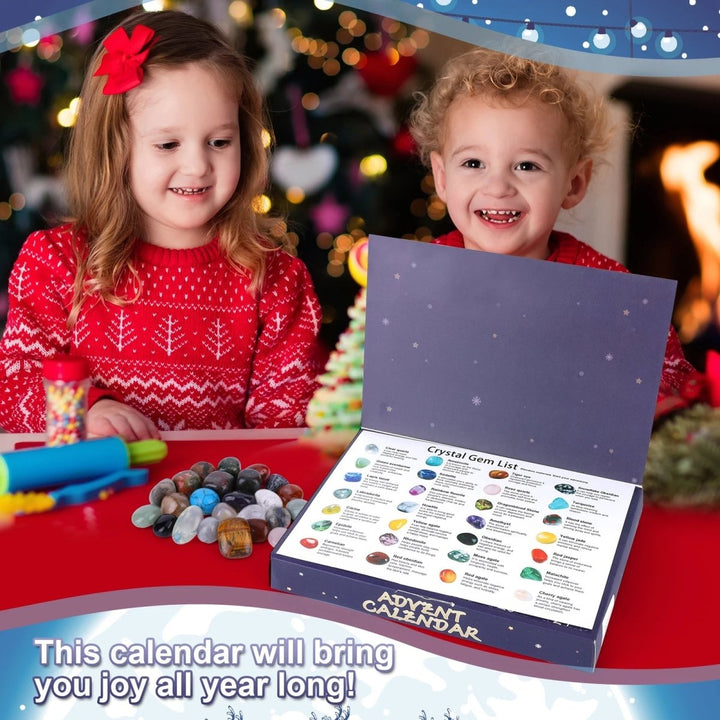 Kids actively excavating and discovering real gemstones daily from an advent calendar, a learning toy for explorers.