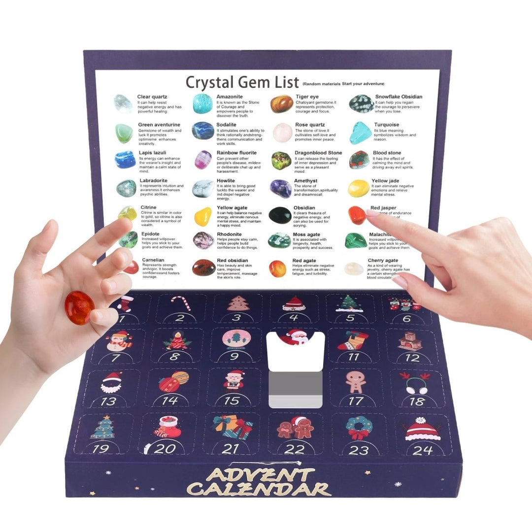 Top-down view of the Children's Gemstone Excavation Advent Calendar with multiple unearthed minerals displayed.