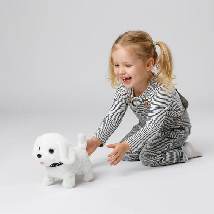 Cute electronic robot pet dog toy, simulating a real puppy, interactive and fun for children.