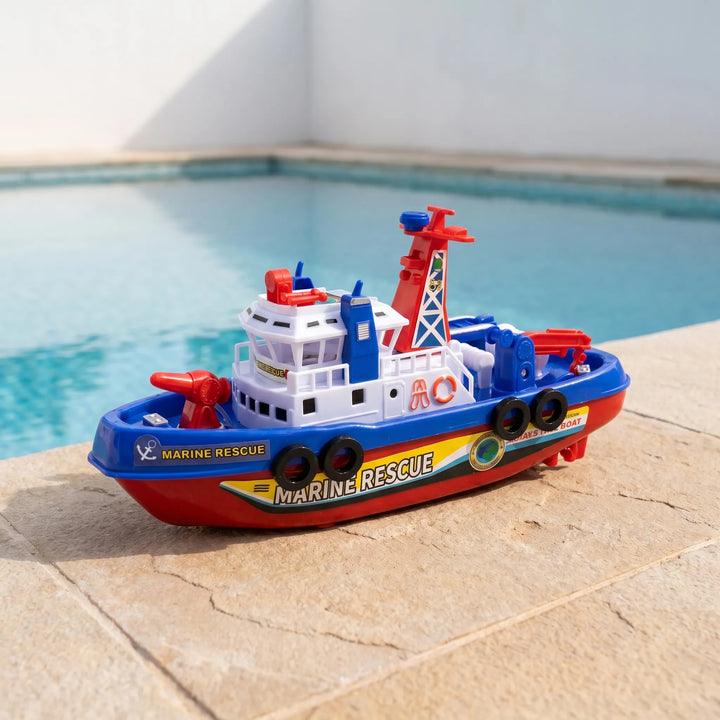 Children's motorized water-spraying rescue boat toy for interactive bath time fun.