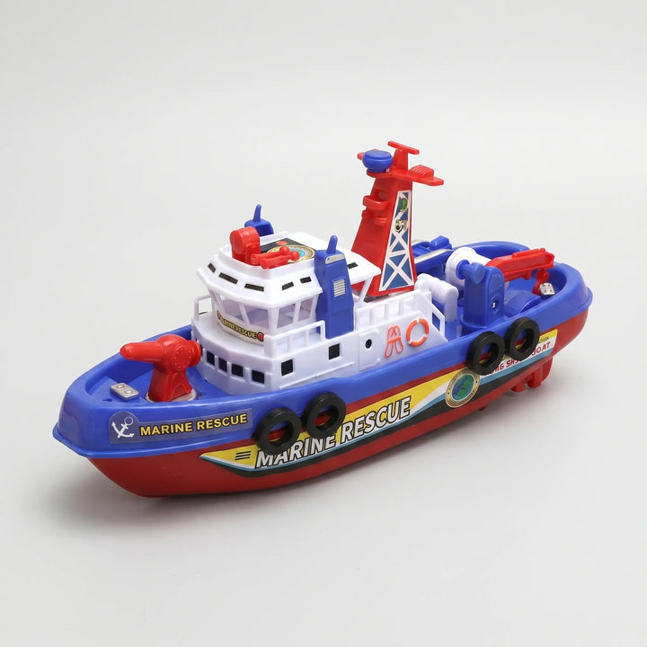 Interactive children's rescue boat toy, motorized for water play & splashing fun.