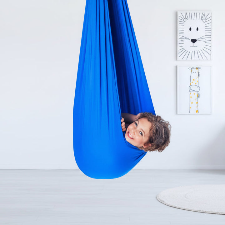 Playroom decor: Comfortable children's sensory swing supports focus & regulation for developmental therapy.