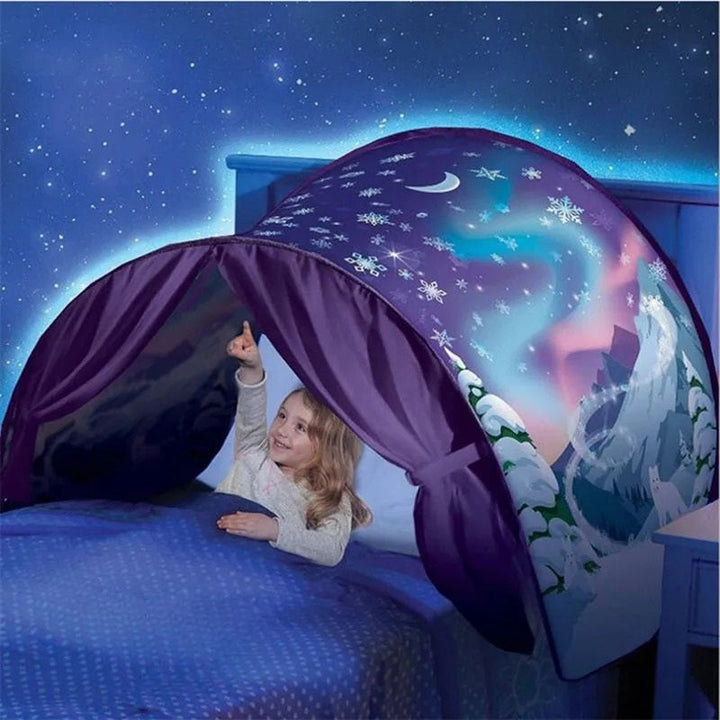 Dinosaur themed SleepyStar kids tent, transforming a child's bed into a fun play space & decor.