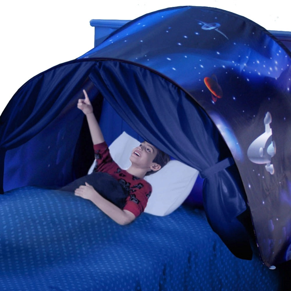 Universe themed SleepyStar bed canopy, creating a dreamy sleep space & fantasy tent for kids' room.