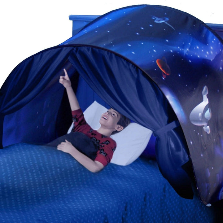 Universe themed SleepyStar bed canopy, creating a dreamy sleep space & fantasy tent for kids' room.