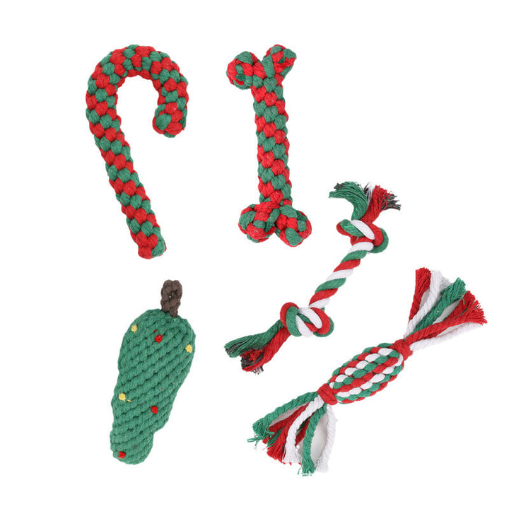 Christmas dog toy set with festive rope, squeaky Santa, and reindeer for pet dental health and play