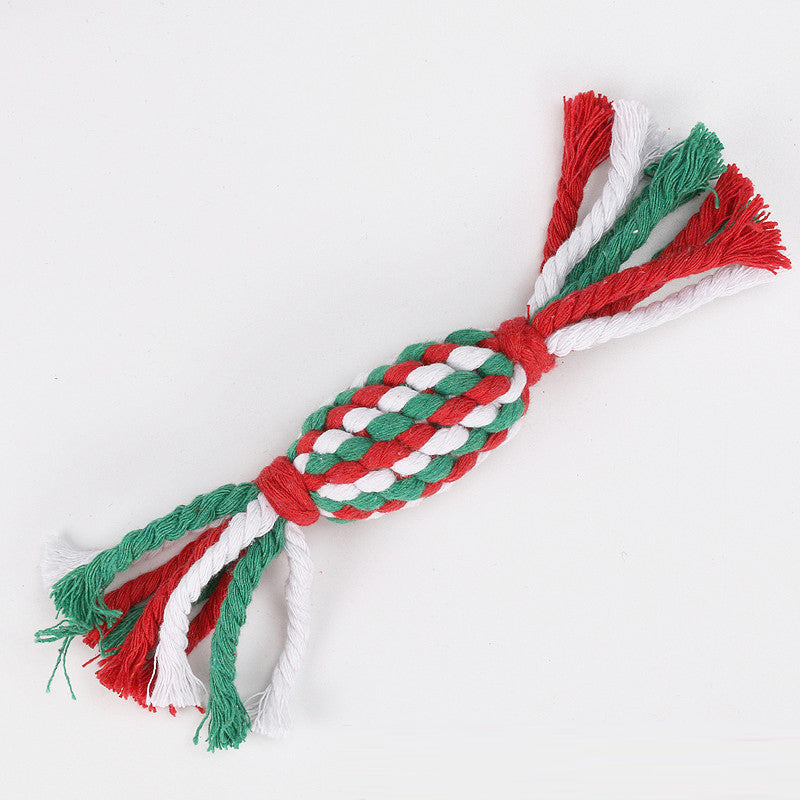 Pet owner's view of Christmas dog toy set, ideal for dental cleaning, play, and holiday gifts