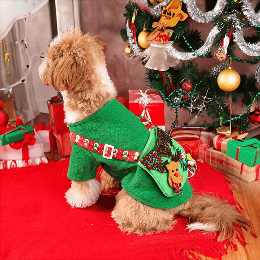 Large dog wearing festive Christmas Elk Pet Dress, soft fabric, comfortable dog clothing