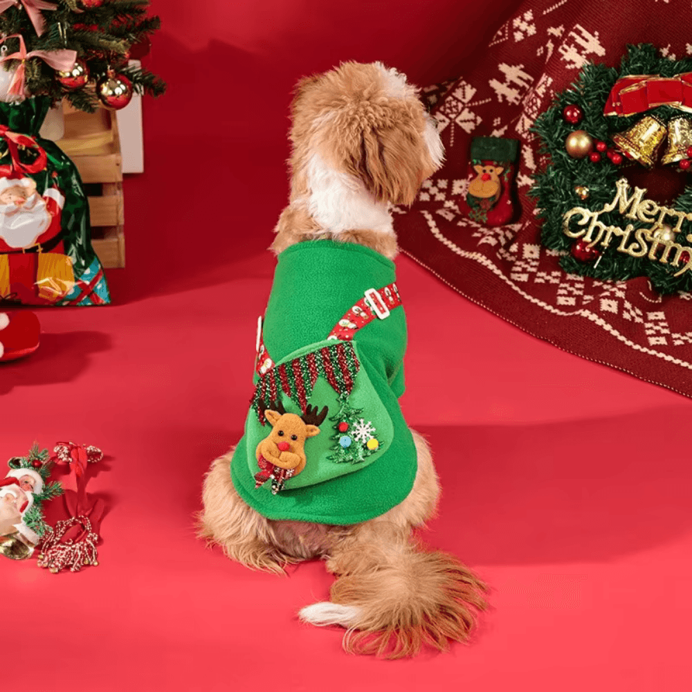 Red dog Christmas dress featuring adorable elk motif, soft comfortable festive pet apparel