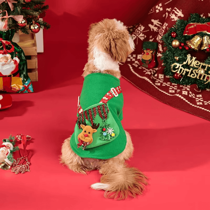 Red dog Christmas dress featuring adorable elk motif, soft comfortable festive pet apparel