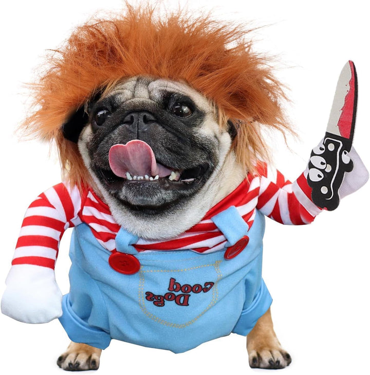 Chucky Halloween dog costume for small dogs, red and blue with fake knife