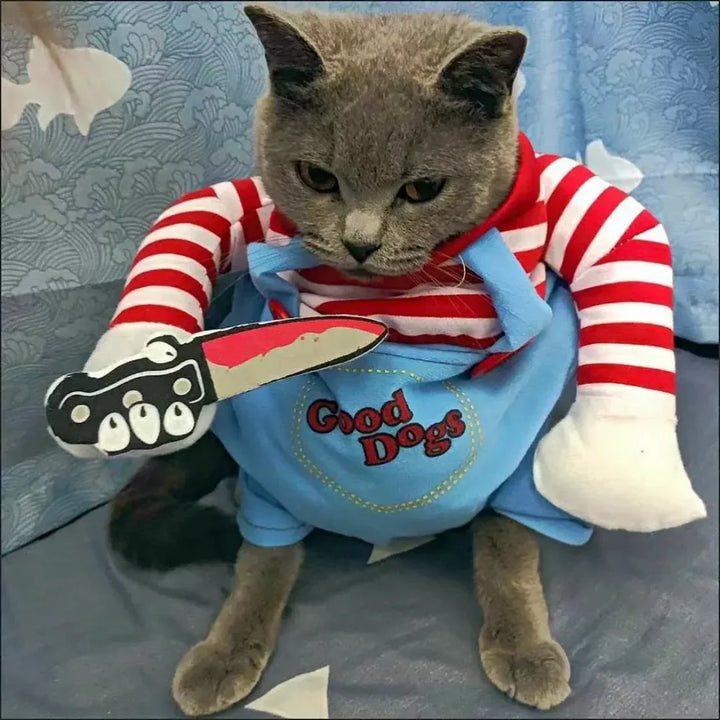 Unisex Chucky pet apparel, red checkered overalls and striped shirt