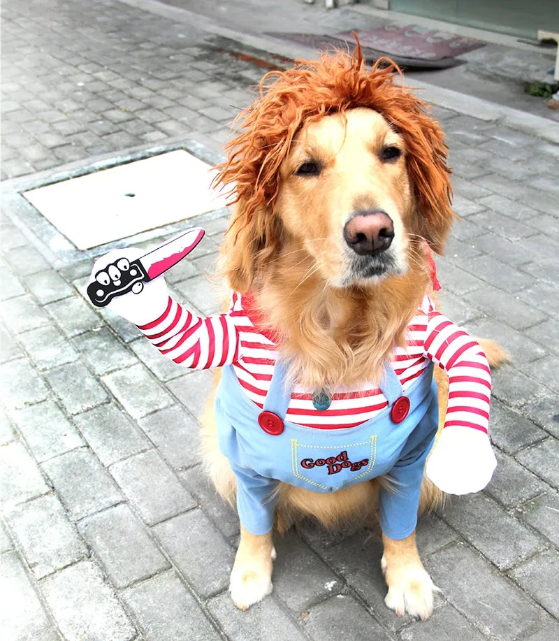 Dog Chucky costume with attached faux knife for Halloween pet fun