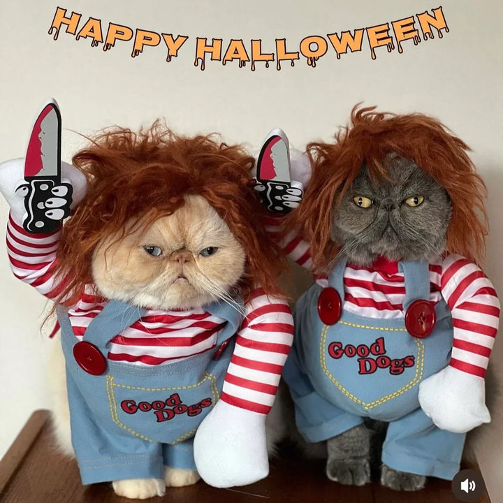 Chucky costume for cats, complete with a mini plastic toy knife prop