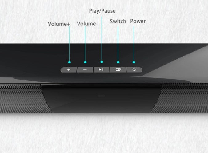 Wireless Bluetooth soundbar speaker with FM radio & USB playback for home entertainment & clear stereo sound.
