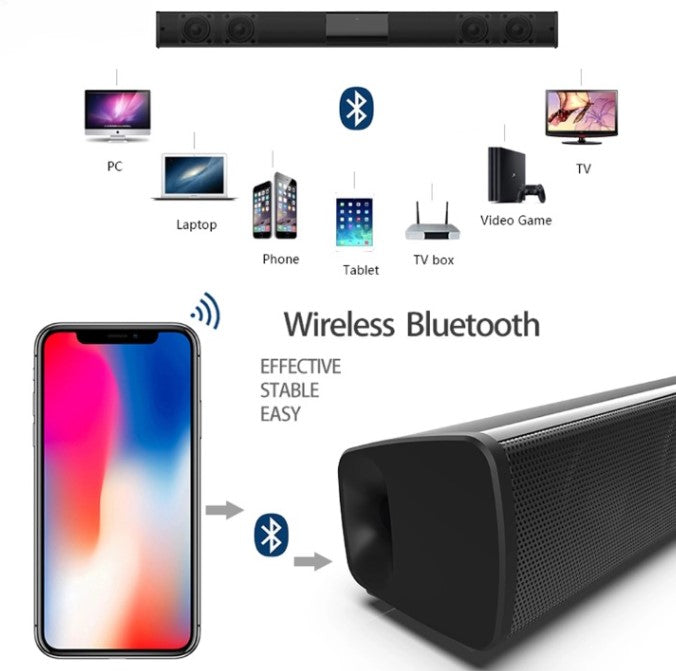 Versatile wireless Bluetooth stereo soundbar for home, supporting FM radio, USB, & immersive audio.