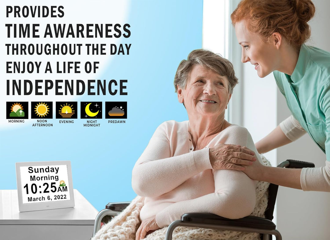 Easy-Read Digital Day Clock by Claryon, featuring an 11.5-inch display & 19 daily reminders for seniors.