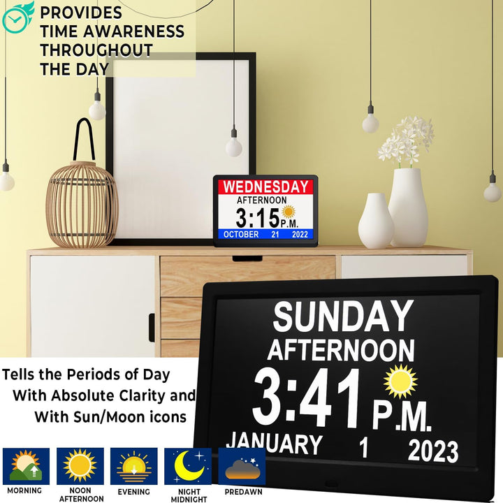 Clear, large display of Claryon Digital Calendar Day Clock, showing time, day, & date for easy reading.