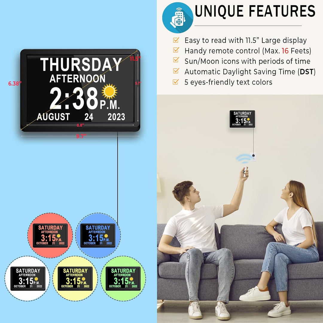 Claryon Digital Day Clock displaying 19 daily reminders, a helpful memory aid for elderly & senior care.