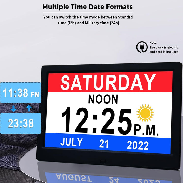 Side view of 11.5-inch Claryon Digital Day Clock, showing its slim design & large display for vision support.