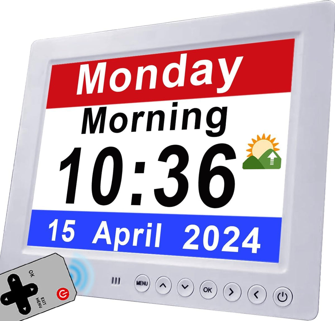 Hand holding 11.5" Claryon Digital Day Clock, showing its size and easy readability for senior care.