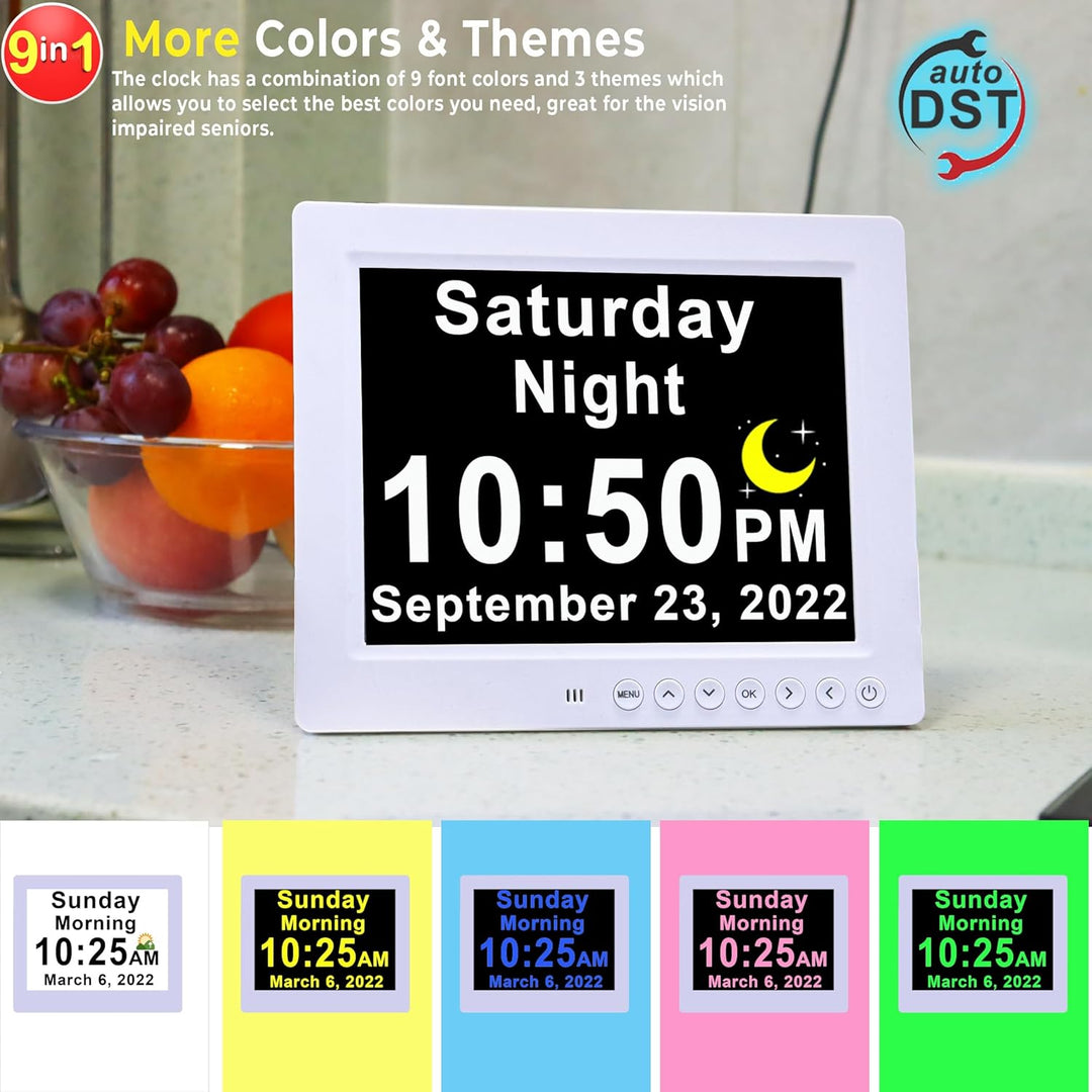 Close-up of Claryon Digital Calendar Day Clock's large, clear text, ideal for vision support & easy read.