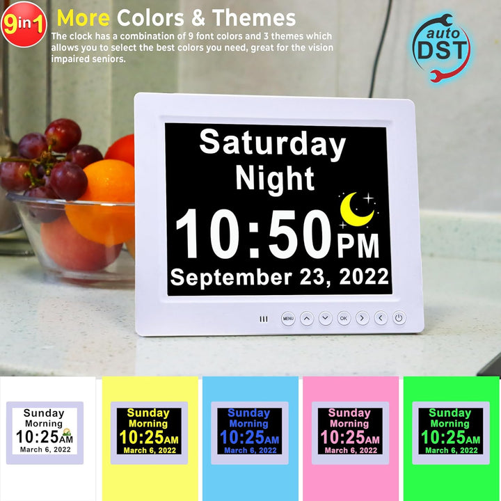 Close-up of Claryon Digital Calendar Day Clock's large, clear text, ideal for vision support & easy read.