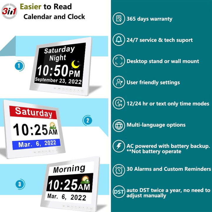 Claryon Digital Day Clock displaying multiple daily reminders, aiding memory for elderly & busy schedules.
