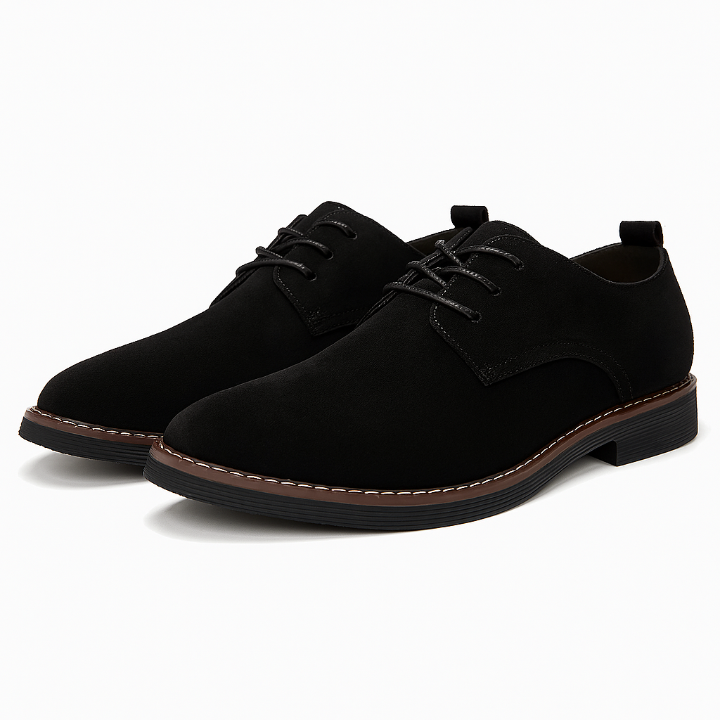 Classic black men's lace-up Derby shoes for formal wear & business attire. Elegant leather footwear.