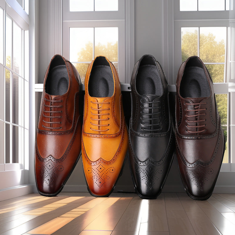 Side profile of men's sophisticated brown Oxford brogue shoes for versatile formal wear.