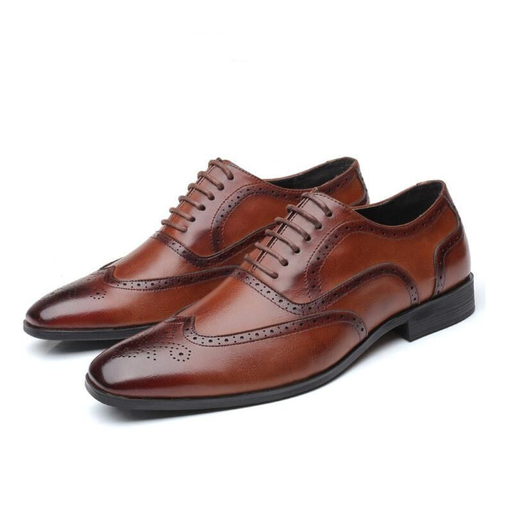 Men's durable black leather Oxford brogue dress shoes, built for lasting comfort & style.