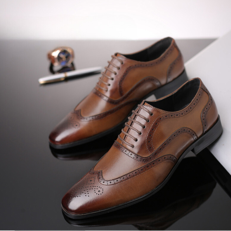 Elegant brown leather Oxford brogue shoes, perfect for weddings & office.