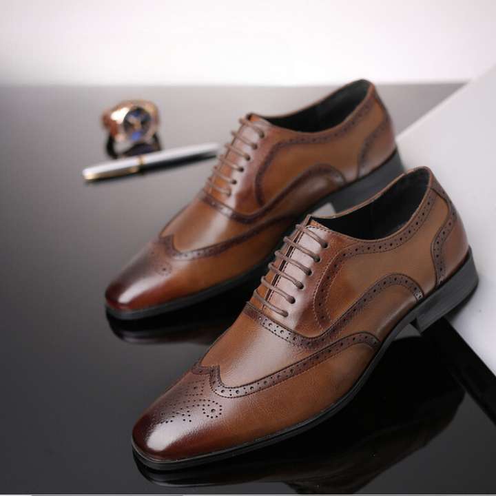 Elegant brown leather Oxford brogue shoes, perfect for weddings & office.