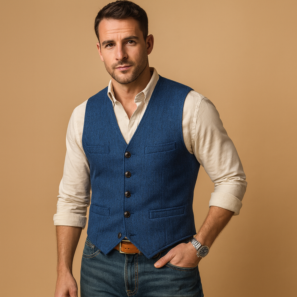 Elegant men's buttoned vest, a classic piece for any occasion, enhancing formal or casual outfits.