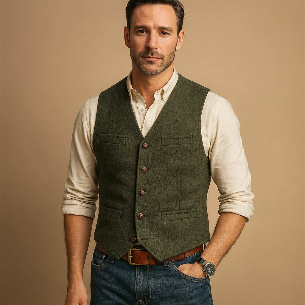 Timeless men's buttoned vest, an adaptable suit vest or casual layering option for modern fashion.