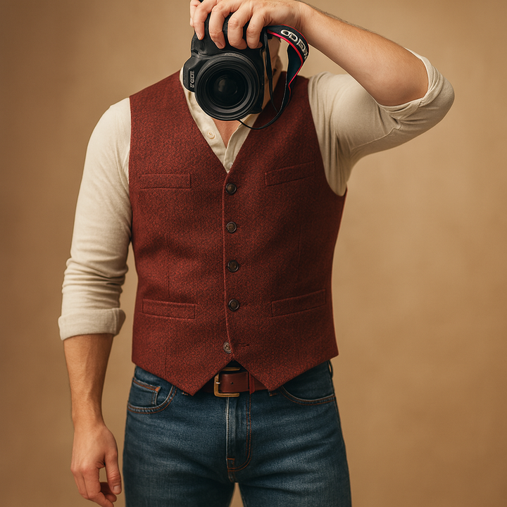 Well-crafted men's buttoned vest, perfect for adding a touch of classic style to any formal or casual ensemble.