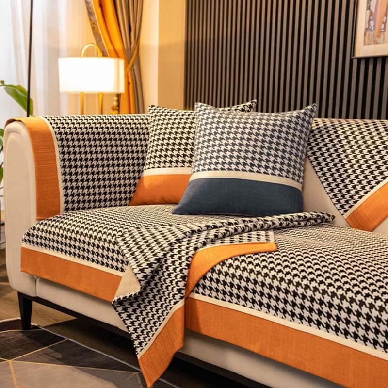 Classic houndstooth chenille non-slip sofa cover for modern living room decor, pet friendly protection.