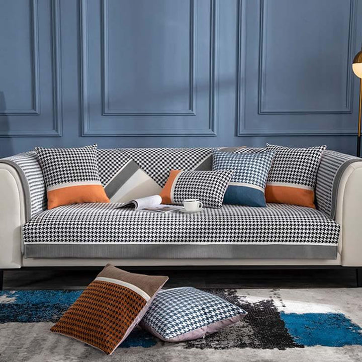 Modern and pet friendly: non-slip houndstooth chenille couch cover, ideal sofa protector.