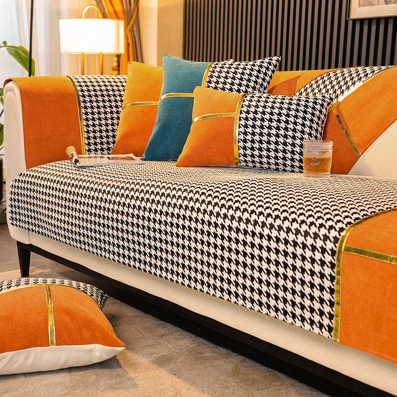 Elegant non-slip chenille sofa cover, houndstooth pattern, adds a sophisticated touch to furniture decor.