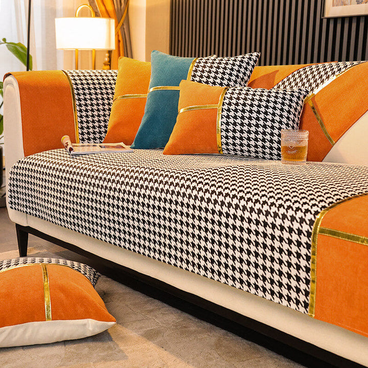 Elegant non-slip chenille sofa cover, houndstooth pattern, adds a sophisticated touch to furniture decor.
